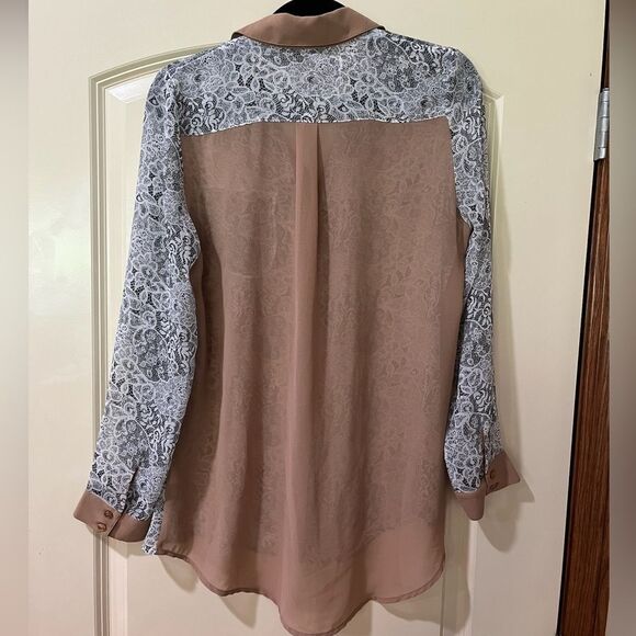 ANTHROPOLOGIE THML Long Sleeve Button Down Blouse Brown Black Women’s Size M - Picture 2 of 6